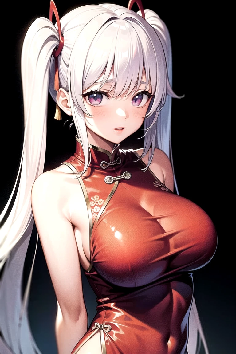 masterpiece, best quality, extremely detailed, 1girl, gyaru, mature female, solo, (dark-skinned female, black skin:2), nitocris alter, (huge breasts:1.1), ((((blonde hair, streaked hair), long hair, yellow eyes, slit pupils, jackal ears))), parted lips, (((china dress, cleavage cutout, pantyhose))), ((light smile), closed mouth), ((castle, forest, outdoor))