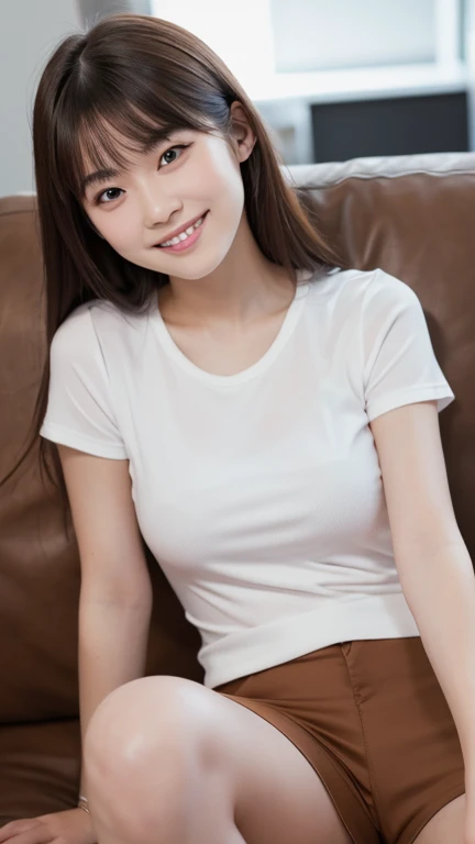 (Photorealistic, RAW photo, Real human face, Real human face skin, real person), 8k, Perfect human body, 18yearsold, tall girl, slim body, small breasts, looking at this with pure love eyes with cute smile, no makeup, beautiful white skin, real human clear eyes, beautiful face, movie lighting, Japanese beautiful girl, wearing a shirt and put on tight skirt, can see her small butt out this side, 1girl