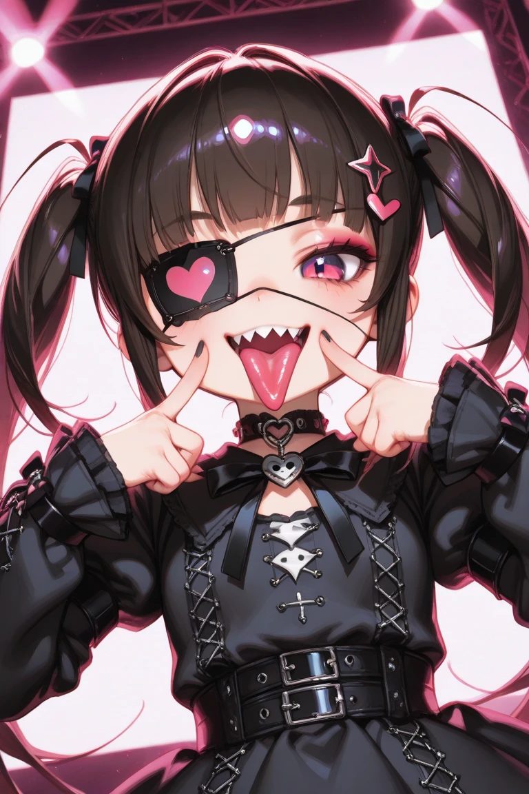 female\((cute,eye patch\(very cute, gothic fashion,heart mark\):1.3),age of 21,skin\(white,pale,smooth,silky,shiny\),eyes\(beautiful,many star-shaped highlights\),wearing makeup\(pink\),(evil smile:1.3),open mouth,sharp teeth,long tongue,hair\(pink,twintails,floating,rolled,detailed,shiny\),hairclip\(heart\),costume\(pink colored gothic lolita\),eye corners\(pink:1.3\),(narrow eyes),very cute pose,(breast:1.3),open cleavage, cute hand sign\), BREAK ,background\(harajyuku\(tokyo,japan\),at night,cute,fancy,dark\), BREAK ,quality\(8k,wallpaper of extremely detailed CG unit, masterpiece,hight resolution,top-quality,top-quality real texture skin,hyper realisitic,increase the resolution,RAW photos,best qualtiy,highly detailed,the wallpaper,cinematic lighting,ray trace,golden ratio\),(dynamic angle),(close up of face:1.3),looking down at viewer,from below,better hands