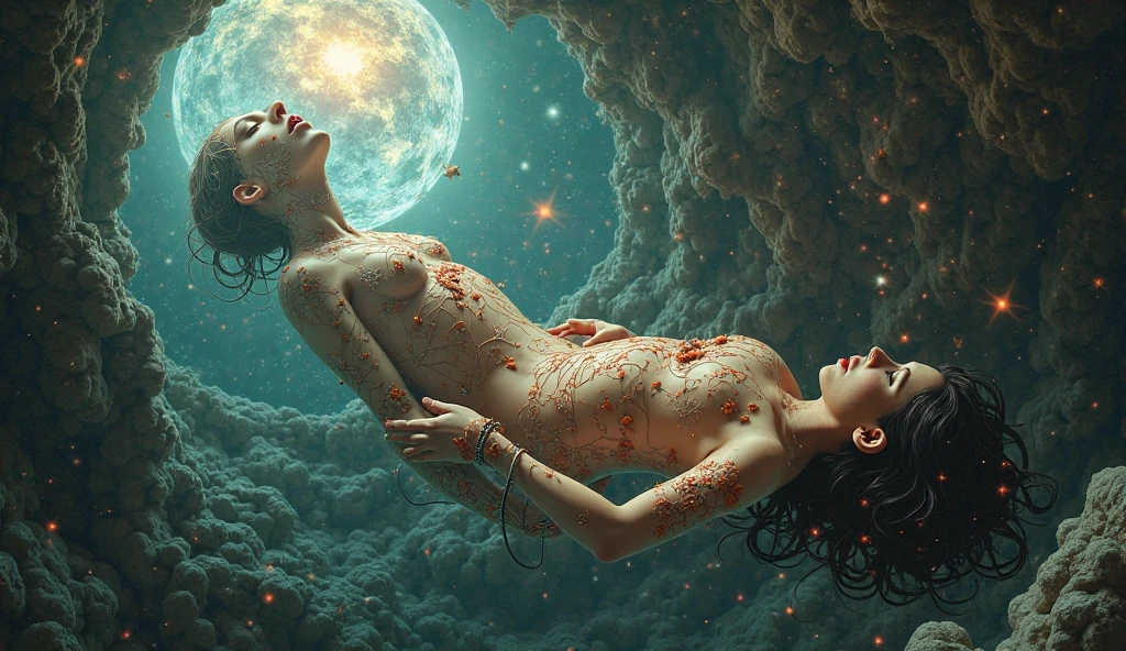 Nude summer, Full Tattoo, (masterpiece, top quality, official art, beautiful and aesthetic: 1.2), (1 flower), full body, Extremely detailed, (Fractal Art: 1.3), colorful, more detailed, "Best quality" , "masterpiece, Sakimichan style art, slight smile, open legs, view of pubic hair, 1 sexy girl in transparent forest clothes, exposed breasts, open transparent t-shirt, tattoos of mandalas and flowers, Best quality, black hair fused with platinum and gold, naked girl, beautiful visible pubic area, pink scales, small breasts visible, water pond in the garden, mandala and flower tattoos on the naked body, old floating clock, lamp, lantern, skin wet with water, bed floating in pond, beautiful girl lying in bed, Fantasy, view from above, Legs open, ((beautiful girl lying in bed seen from above)), ((full female body)), night light, ((eyes closed long eyelashes)), ((transparent clothing merged in water)), ((impressionist garden art)), ((dynamic pose in sexy movement)), ((skin wet with water)), ((caucasian European girl)), ((watercolor art)), (perfect pencil drawing), (((tattoo on ankles and feet)))