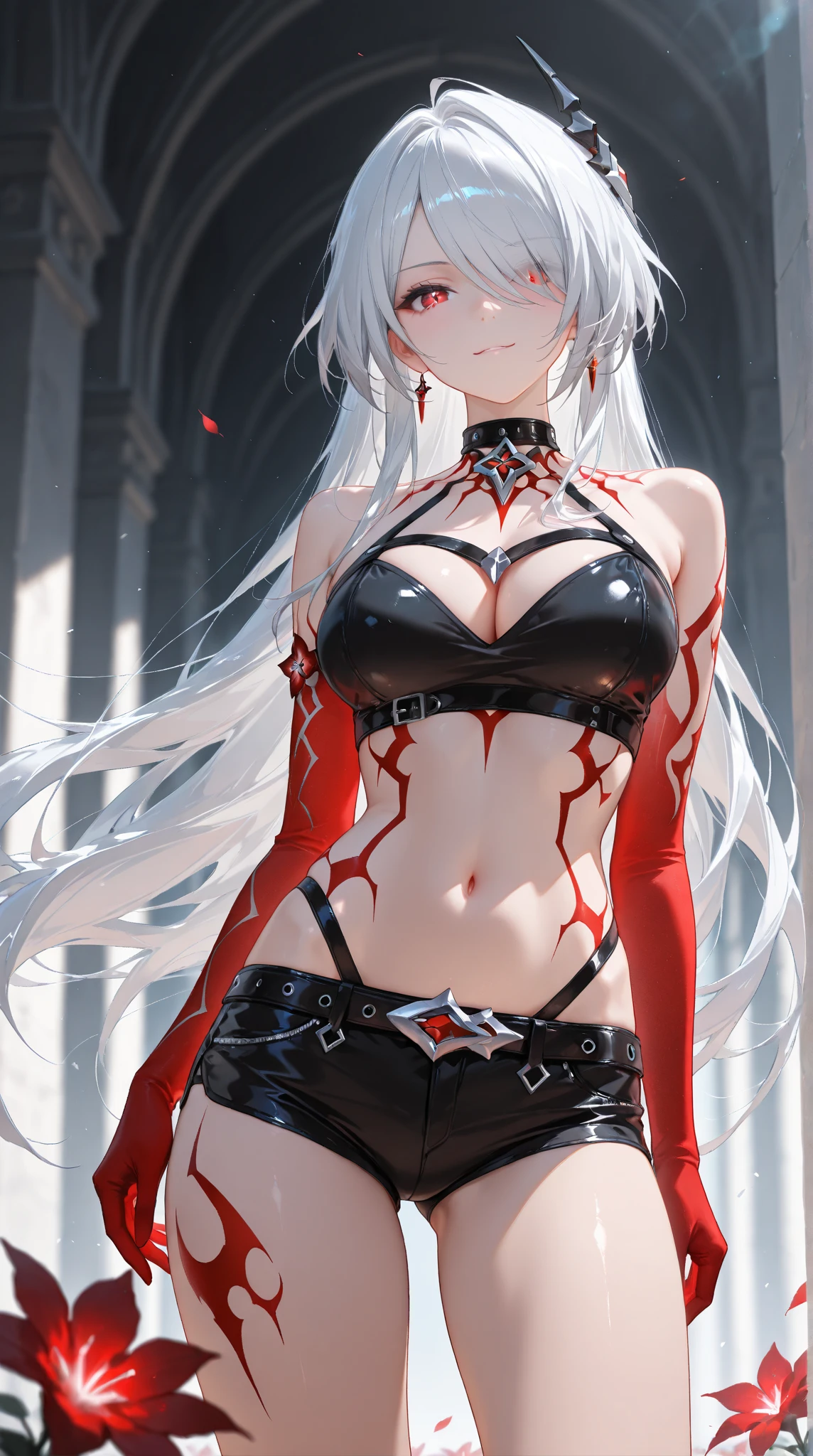 Grey skin, blood halo, Goddess, rare, cursed maiden, goddess armor, beautiful woman, long silver hair, red glowing eyes, grey skin, black wings, castle ruins,