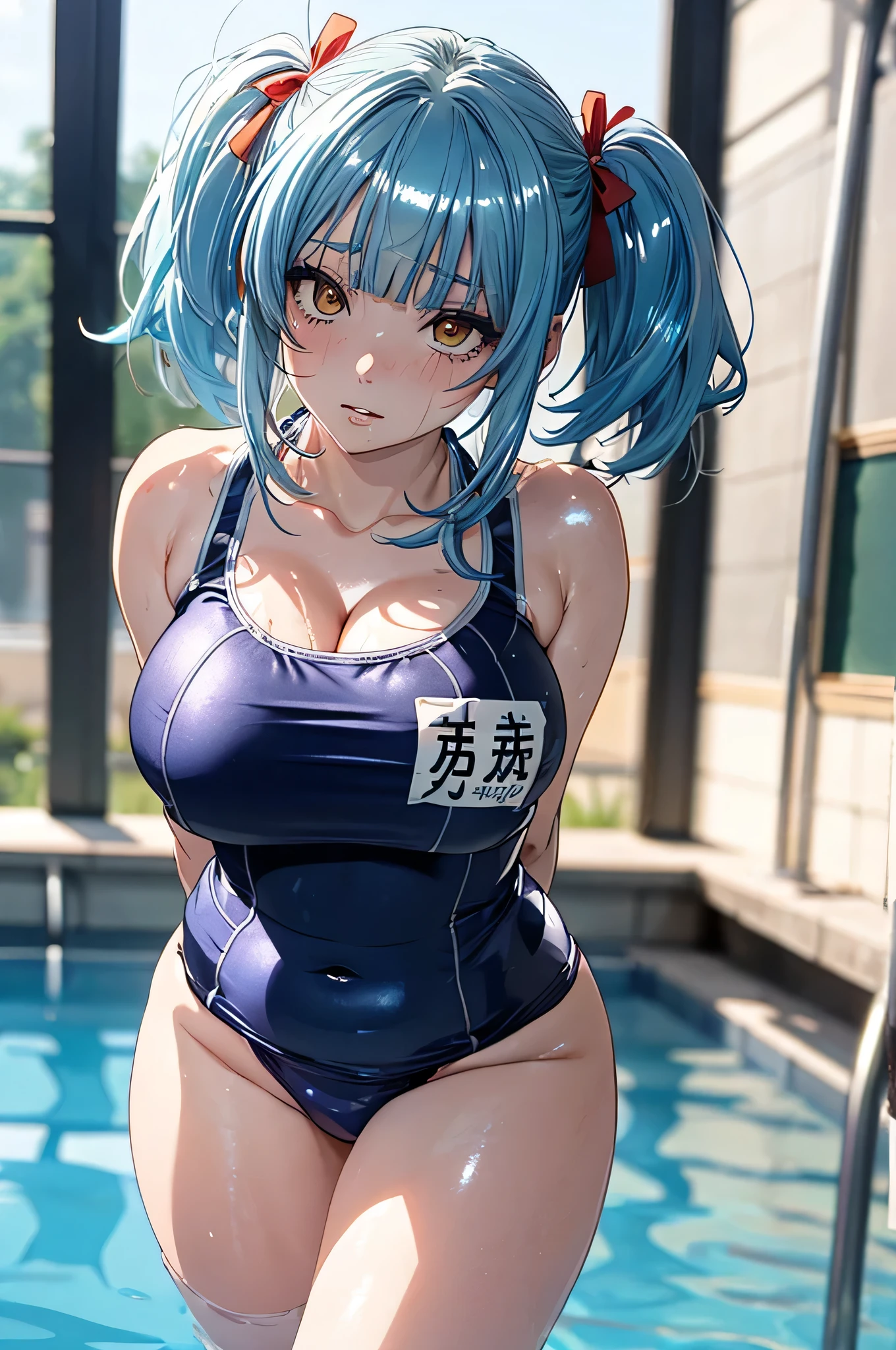 (Unity 16K Wallpaper, masutepiece, Best Quality, Ultra-detailed, extremely details CG, Caustics, Cinematic lighting, Detailed, Beautiful detailed eyes, Solo,Pool side),Ultra High Resolution, Fine skin、A sexy,NSFW,(School Swimsuit:1.3), small tits、14 years old、Blue eyes、blue hairs、Perm Hair, blush, angry,Sitting, Spread legs wide, a pixie cut、The whole body is drenched、The whole body is soaking wet、Small School Swimwear、excessive cum、cum on body、cum on clothes、cumdrip、cum on breasts、female masturbation、arms behind head、cum overflow、female ejaculation、cum in mouth、facial、bukkake、pussy juice、cowgirl position