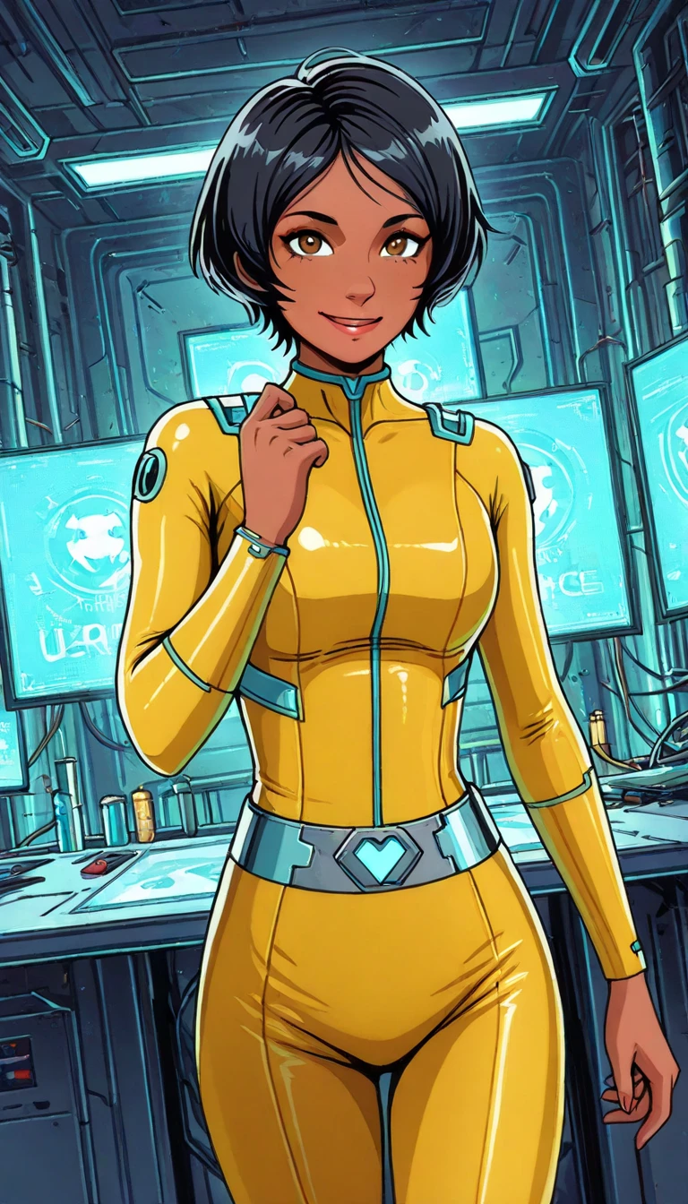 A robot housewife with a MILF appearance, featuring red hair, dark skin, and blue eyes, clad in a yellow dress, and wearing lipstick. The robot has its hair elegantly draped over one eye. The artwork should exhibit the best quality, with superior resolution such as 4k or 8k, and be ultra-detailed and photorealistic. The art style can be a blend of sci-fi and concept artists, and the overall color palette should be vibrant. The lighting should be carefully crafted to enhance the beauty of the robot housewife. Standing at attention, placed in a display case like a doll.