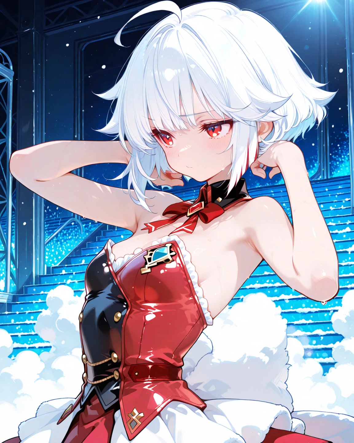 ((masterpiece、Highest quality、Very detailed))、One girl、Gray Hair、bob cut、White eyes、evil smile、Moderate breasts、Top Hat、((red tuxedo))、((red highleg leotard))、Cowboy Shot、Stage Background