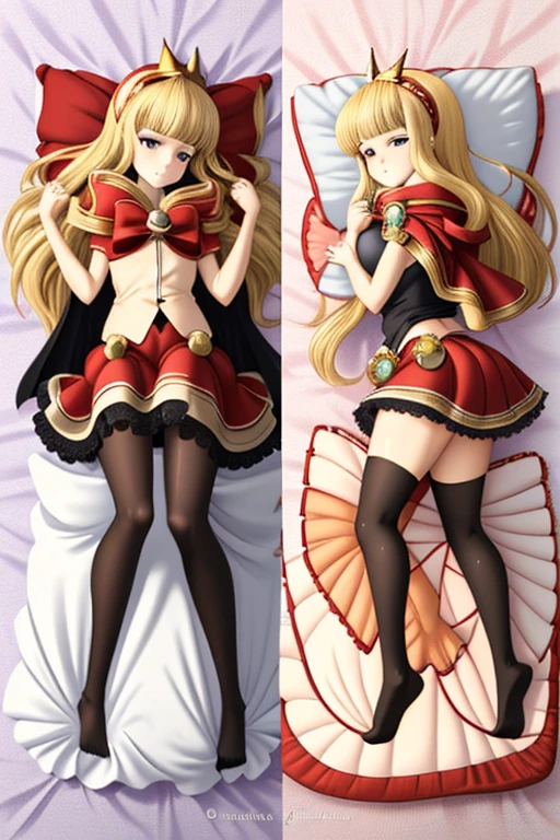 masterpiece, best quality, (dakimakura:1.6), laying on side, laying on back, petite, flat, full body, Cagliostro, long hair,blond, CagliostroBase, hairband, crown, black thighhighs, red bow, red skirt, cape