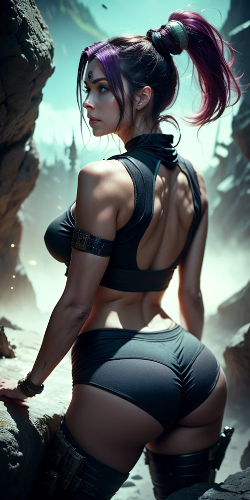 exploring cave, shining torch, neon crystals, huge cave, eerie colorful exotic flora, deep cave, sweaty thin shirt, dark cave, masterpiece, 8k, thick thighs, best quality, ultra-detailed, high quality high detail, deep shadows, sense of scale, perspective, scenic, landscape, wide shot, 1girl, solo, 1female, supermodel, fitness model, older female, mature female, heavily tanned sunburnt wheat skinned, wide hips, thick hips, large hips, ultra long legs, long bushy hair, sparkling eyes, glowing tennis, glossy thick lips, cinematic intense lighting, big ass, big butt, dappled light, holographic yoga pants