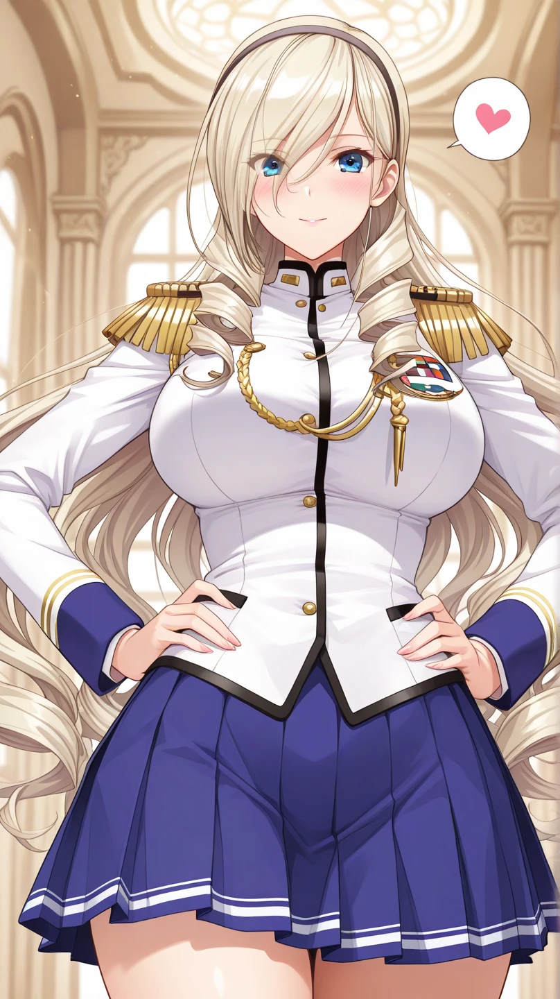 celia\(walkure\), celia\(uniform\),1girl, mature female, solo, big breasts, 
Blue eyes, 
(white uniform), (white cargo pants), belt, (white shako cap),
best quality, highest quality, ultra-detailed, masterpiece, illustration, ultra detailed background