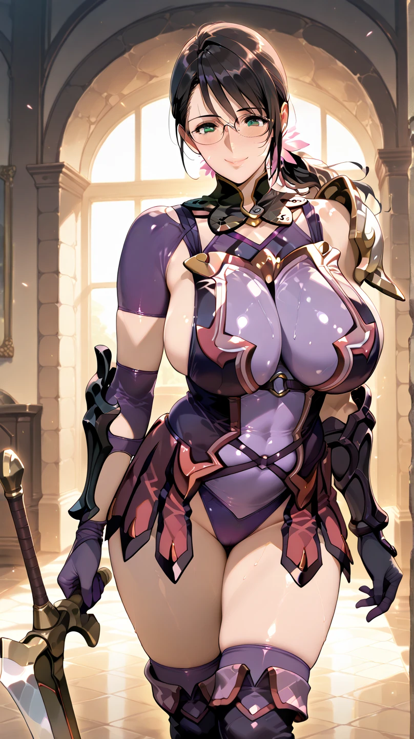 (masterpiece), best quality, expressive eyes, perfect face,1girl, chevreuse_\(genshin_impact\),magical girl,(magical girl costume:1.4),eyepatch,(little crown), white_gloves, bare_shoulders,purple hair mole_under_mouth, puffy_detached_sleeves, gold_trim, red_dress,elegant layered skirt,(showgirl skirt),detached_collar,purple eyes,white_pupils, black_necktie, two-tone_dress,thighhigh heels,Victorian castle background,soft lighting,cowboy shot, looking at viewer,shy smile,big breasts,cleavage