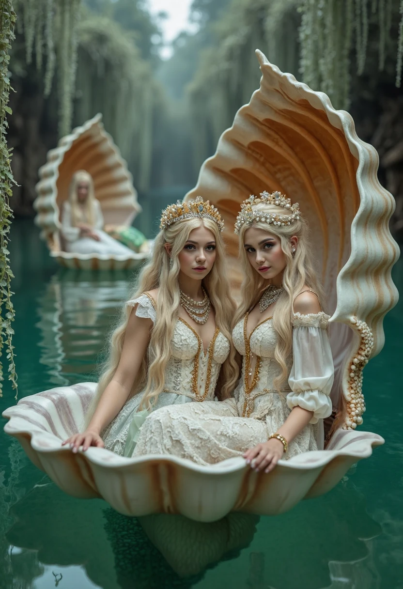 A full-body shot,(extra wide angle 16:9 a big ballroom) portrait, ((2 Super realistic 1:1 gorgeous europian vampire twin queens 1)),Hyper-realistic blue eyes, wearing on head gold crowns with pink crystals, necklaces and earrings 1:1. ((3 gorgeous queen girlfriends with white long hair,(((perfect extra beautiful detailed realistic face))), with jewelry’s, necklace, earrings. In a dark deep sea (big medieval ballroom very old realistic 1:3 in an old gothic palace), under the sea.Sinking down at the bottom. Ripped many layered silk and lace medieval dresses floating. Frayed apart floating lace dresses. Gold garnish. The queens have a big light-colored very finely detailed eyes, black super-long hair. Their exquisite girlfriend queens with big bright blue finely detailed eyes 1:!. have an extra long flowing hair, gold crown. Pale pink and black beautiful lace dresses. Dresses in many layered lace and chiffon riven and flowing (Best perfect hands, five fingers on each hand.) Small breasts cleavage, (hyper realistic perfect eyes 1:3). Face with Pale perfect detailed skin. Hyper detailed skin on body. Queens surrounded by Perished under-water gothic palace 1:1 On the bottom of the sea are golden crowns 1:1, adorned with pink crystals 1:1. Bright colored blue, pink, orange, green fishes swimming around. Pink Corals. Sea moss. Octopus. Treasure chest with gold coins and jewelry in it. The scene a beautiful queens swimming ghostly, their super long 1:1 hair flowing all around. Sad. Scared. Crystal wine glasses—one tipped over and broken on the seafloor,. (Super detailed faces)1:1. Super detailed eyes)1:1. In a fantastic scene that uses 3D Surreal 3D model. Best eyes 1:1 The entire setup is masterpiece 1:3 framed with the grandeur of medieval gothic style. photographed in a Canon EOS R5, 50mm Lens, F/2.8, (8K)"