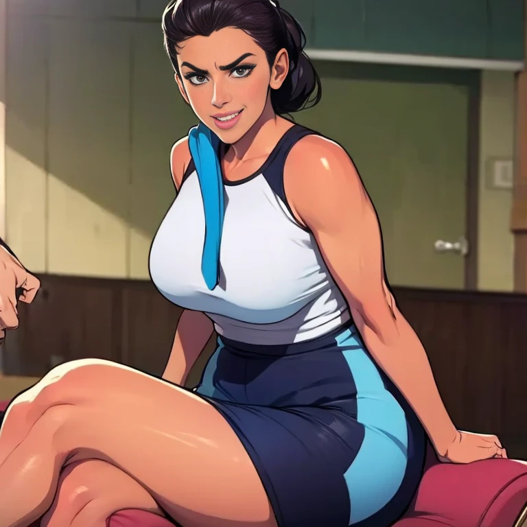 Digital drawing of a woman with short dark brown hair, thick eyebrows, large brown eyes, upturned nose, sexy and full lips, Fitness Body, blue blouse with an emphasis on the neckline up to the navel, wearing a shawl, tight cream body pants, with a bag hanging on her left arm, wearing brown sandals, 8k, Pixar style