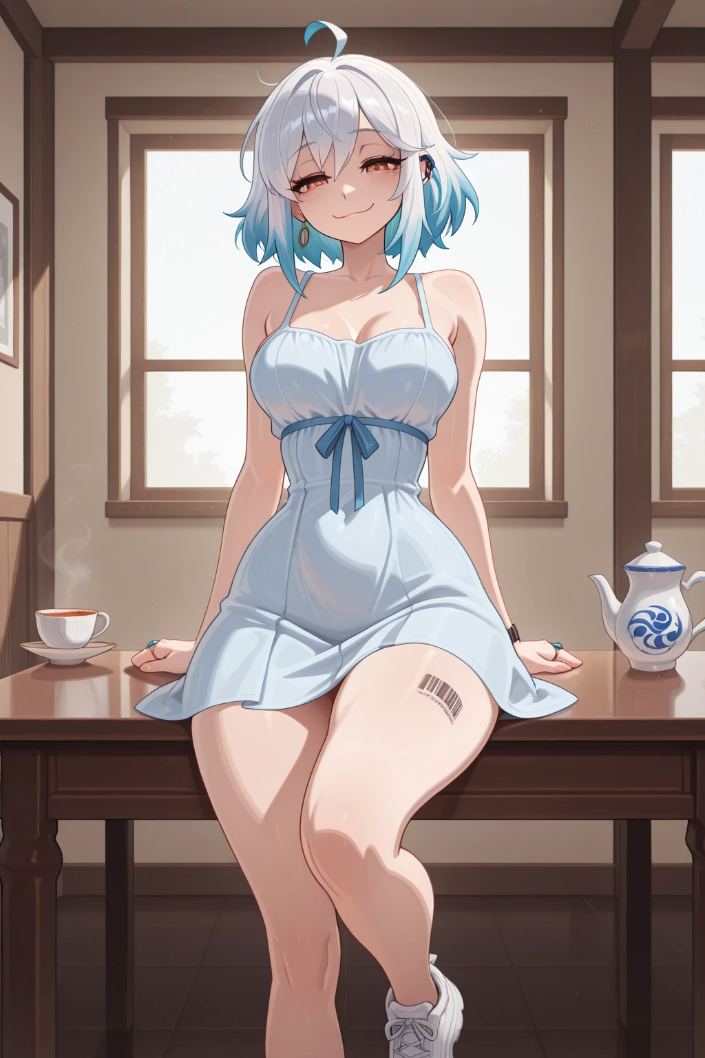looking away, embarrassed, blush, Keep one's mouth shut, very short skirt, looking away, sitting and spreading crotch, (Masterpiece, Slim Body, Delicate Fingers: 1.2), Best Quality, (Illustration: 1.2), (Hyper Detail), Eye Focus, Ultra Detail, (Fine Detail), (Intricate Detail), HDR, (Ultra Detail: 1.15), (Soft Light: 1.2), (1 girls), (naked:1.3), (white apron), large breasts, cleavage, thighs, cafe background, (blushing:1.3) (White hair and blue highlights),cyan eyes, teenager, medium short hair, solo, multicolored hair, ahoge, flat chest, mismatched pupils, multicolored eyes, high quality, best quality, full body image, (girl leaking pee)