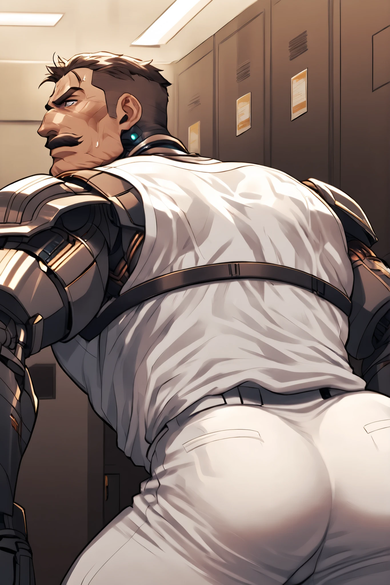 A middle-aged robot man, Detailed face, Captivating look, moustache, Masculine face, Muscular body, Prominent veins, wearing baseball uniform, Bending over with his butt facing me, baseball club coach,locker room, sweaty body, alone, only a man, Captivating bottom, Looking towards me, mechanical prosthetic arms, his neck is mechanical parts, suffering from badly back pain