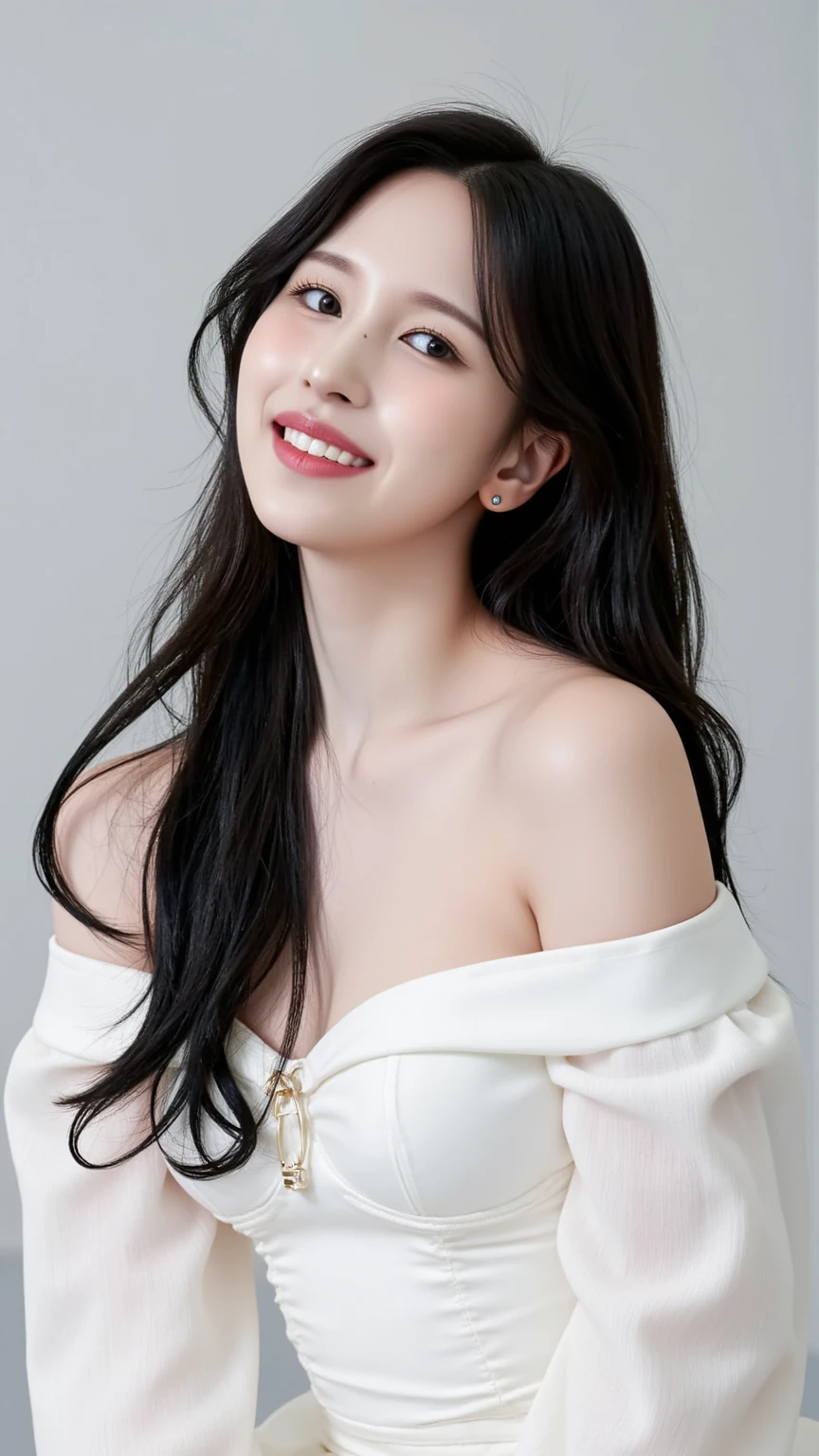 (18-year-old sweetheart), (Big Breasts:1.3), Background Garden、Retro white ruffled off-the-shoulder long dress、Let your hair flutter in the wind、(masterpiece: 1.3), (Maximum resolution: 1.4), (super high vision: 1.2), Cinematic Light, super high vision,make'Blushing cheeks:1.2、 (Beautiful eyes and skin), (Detailed facial features), Browsing Caution, 8k resolution, Perfect Style, Beautiful expression、Highly detailed face and skin texture、Detailed eyes、double eyelid、Glitter Eyeliner:1.2、Glowing Skin、(pure White skin:1.8)、(White skin:1.8)、Red Rouge、Dark lipstick:1.2、Small shiny necklace and earrings、(Glossy Lips:1.2)、Glossy Lips:1.2、((Full Body Shot:1.2))、(Straight Hairstyles、Light brown hair)、Long Hair、(A very loving smile:1.3)、175cm、Asahi