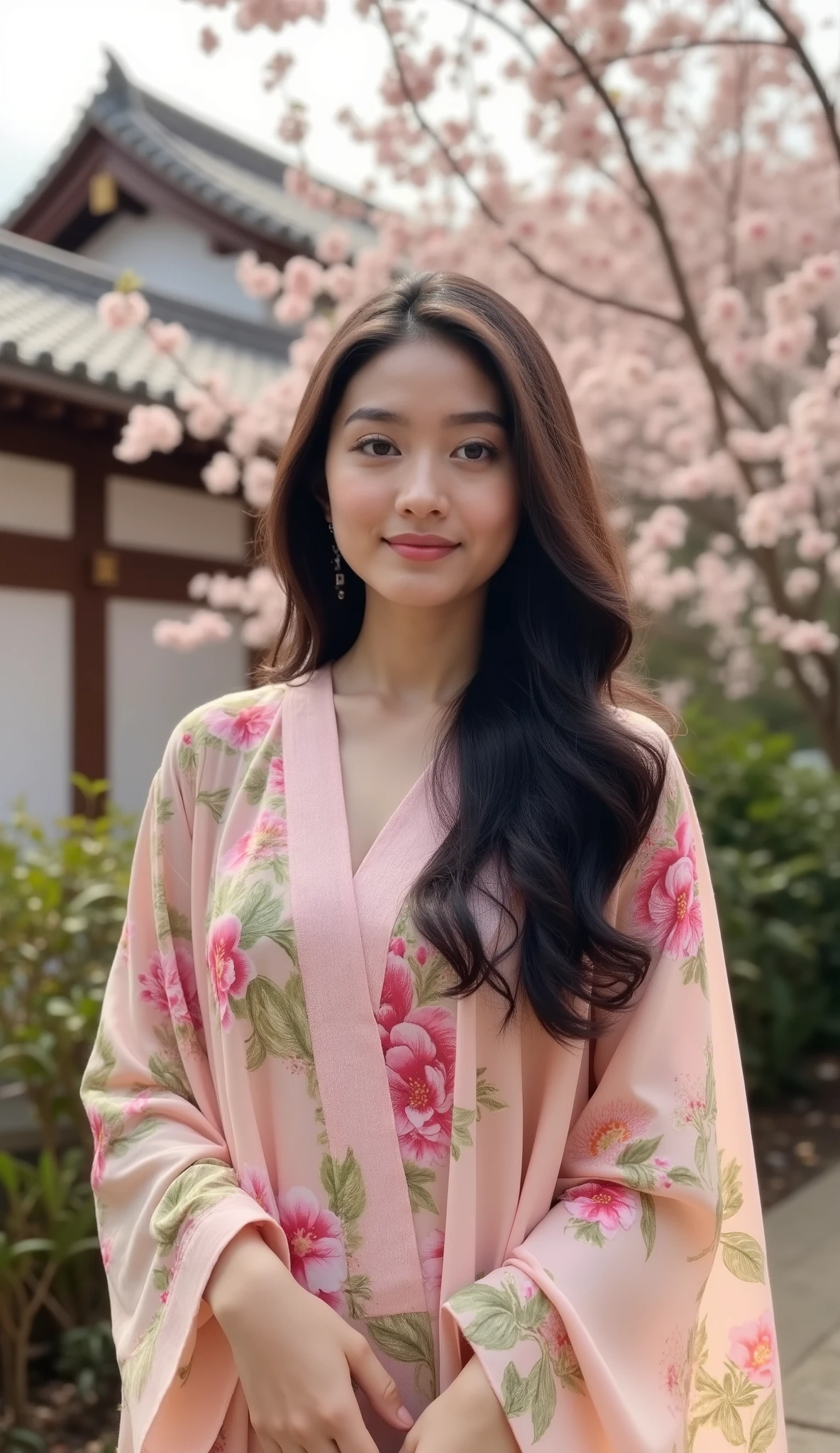 A beautiful Indian girl, 20 years old, fair skin, long black hair, big almond-shaped brown eyes, slim figure, heart-shaped face, soft natural makeup, ultra realistic, high detail, consistent face, photorealistic, full body, same character,A stunning Indian girl wearing a pastel floral saree, standing in a serene Kyoto-style zen garden with cherry blossoms falling gently, traditional Japanese temple in the background, soft golden hour sunlight, calm expression, DSLR-quality, cinematic aesthetic