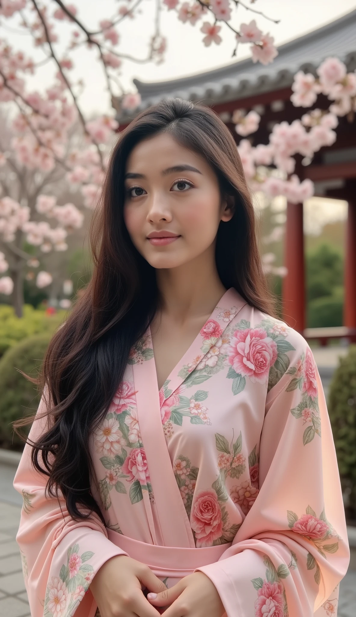 A beautiful Indian girl, 20 years old, fair skin, long black hair, big almond-shaped brown eyes, slim figure, heart-shaped face, soft natural makeup, ultra realistic, high detail, consistent face, photorealistic, full body, same character,A stunning Indian girl wearing a pastel floral saree, standing in a serene Kyoto-style zen garden with cherry blossoms falling gently, traditional Japanese temple in the background, soft golden hour sunlight, calm expression, DSLR-quality, cinematic aesthetic

