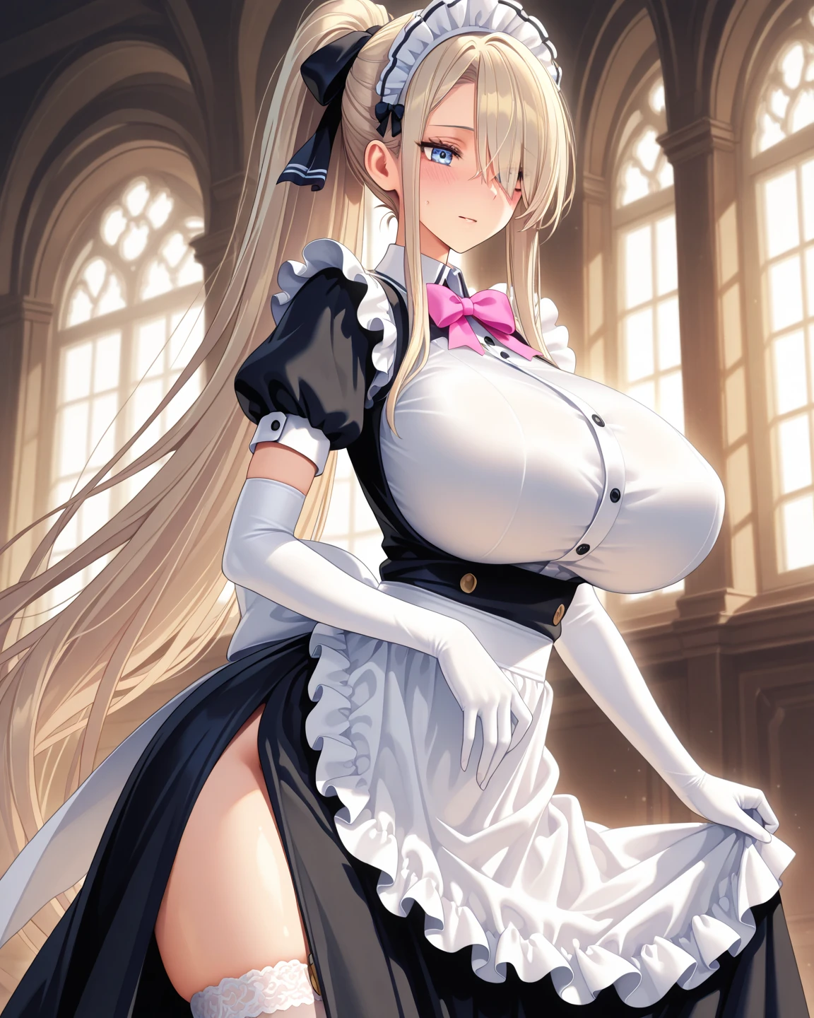 14 year old girl dressed as a maid with big breasts. (Gothic style) ripped skirt golden body ratio messy blonde hair (internal open feet) (Highly detailed CG Unity 8k wallpaper) big breasts ripped skirt ruddy and shy Ed Blinkey America&#39;The most beautiful body art., atey ghailan, painting by Jeremy Professional Gorgeous Mann, Greg Manches, Antonio Moro, art station trends, CGSOC IETY TRENDS, intricate, high detailed, necessary, dramatic realism art, CG, 3D, 8k 4k