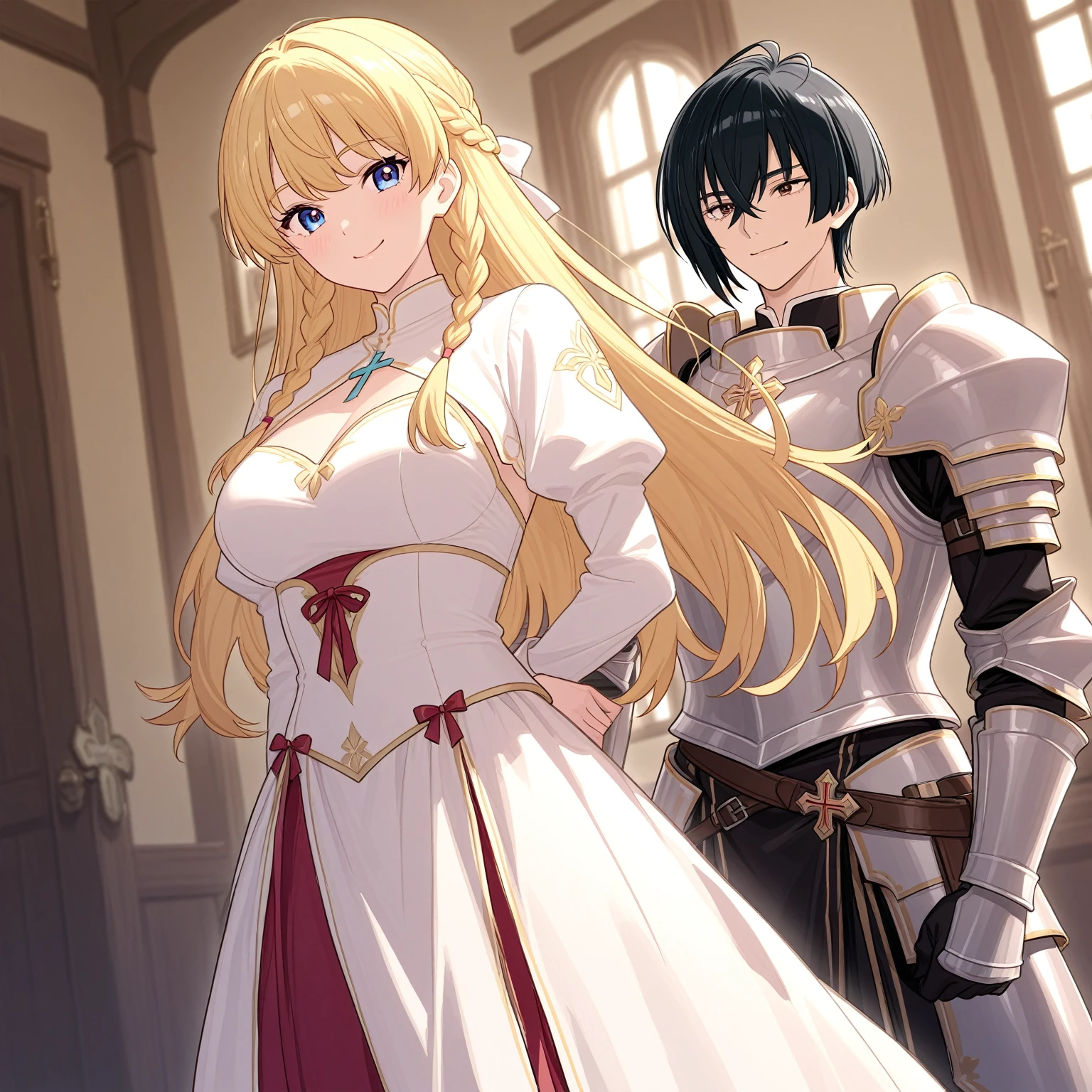 knight, brown skin, white hair, revealing knight armor, green eyes, pantyhose, red high heels, wedding dress made with metal plates, big breasts