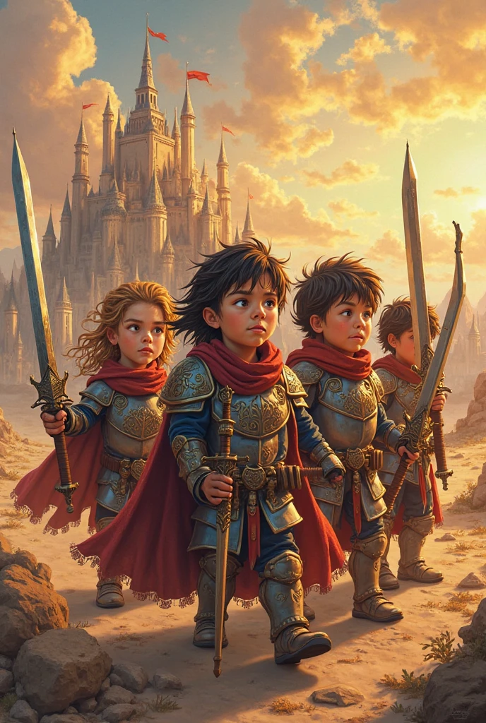 Young prince with light skin and spiky hair with a sword in his hand in front of a castle with a sad expression