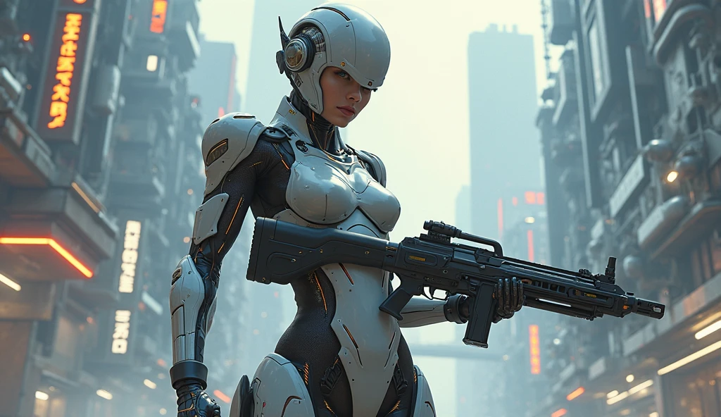 a woman with a gun standing in front of aliens, cyberpunk art by Raymond Swanland, zbrush central contest winner, retrofuturism, zbrush, reimagined by industrial light and magic, sci-fi