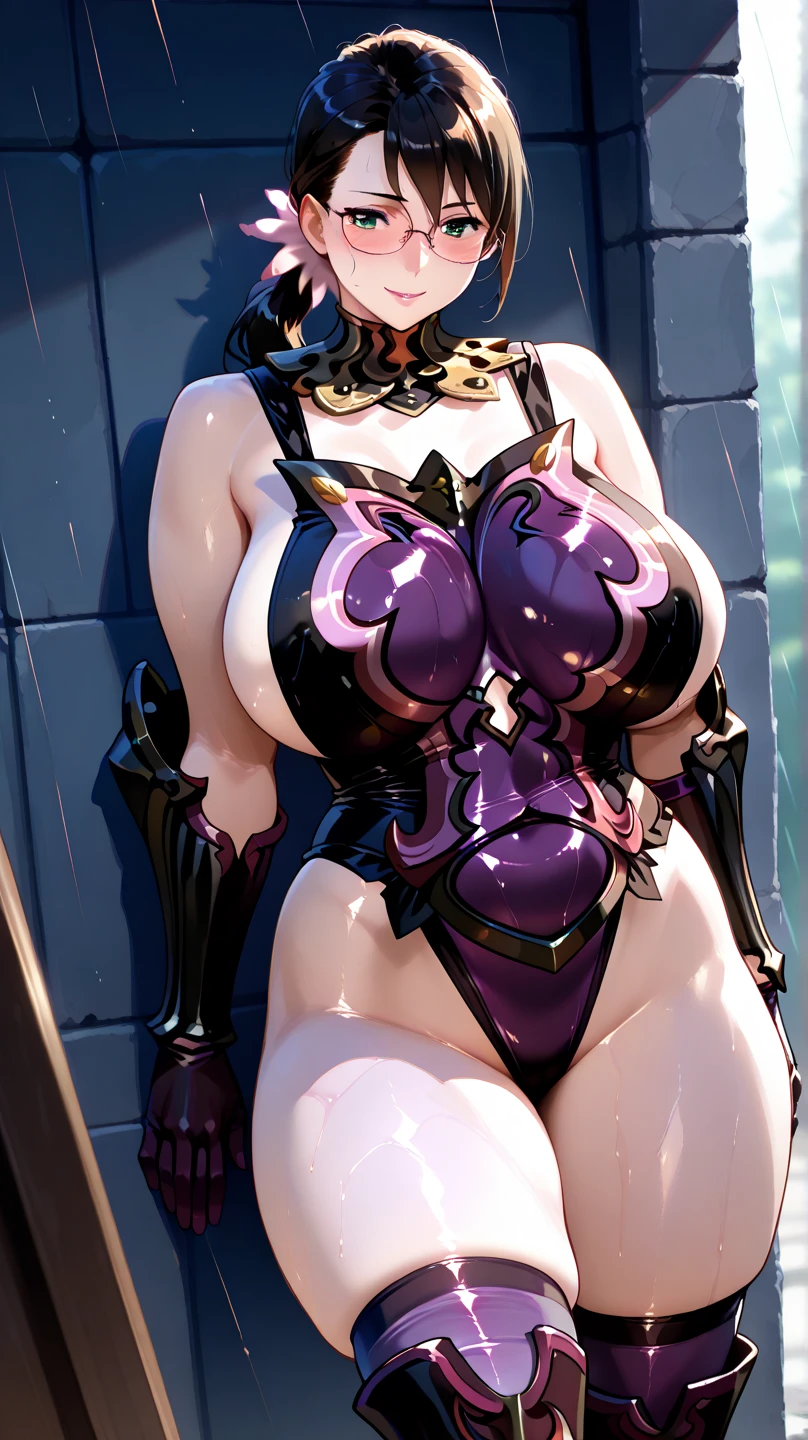 ((masterpiece, best quality)), 2girls, ((mature female)), (medium breasts), cleavage, curvy, thick thighs, fantasy, (dark skin:1.5), dark Elf, wide hips, thin waist, midriff, thigh strap, dark red hair, beautiful detailed pink eyes, medium breasts, (((beautiful detailed gothic black corset))), (multiple girls),