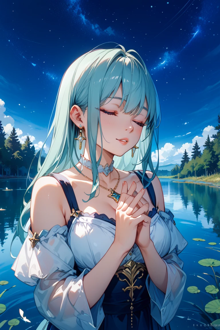 1 girl、Mature、Ample breasts、Aqua Hair、Long Hair、Curly Hair、Pink Eyes、cute、smile、Lying face down、Lots of hydrangeas、Rest your cheek on your hand、necklace、Water Drop、Weather showers、prism、Sunlight shines in、Like a watercolor、High resolution、highest quality、masterpiece