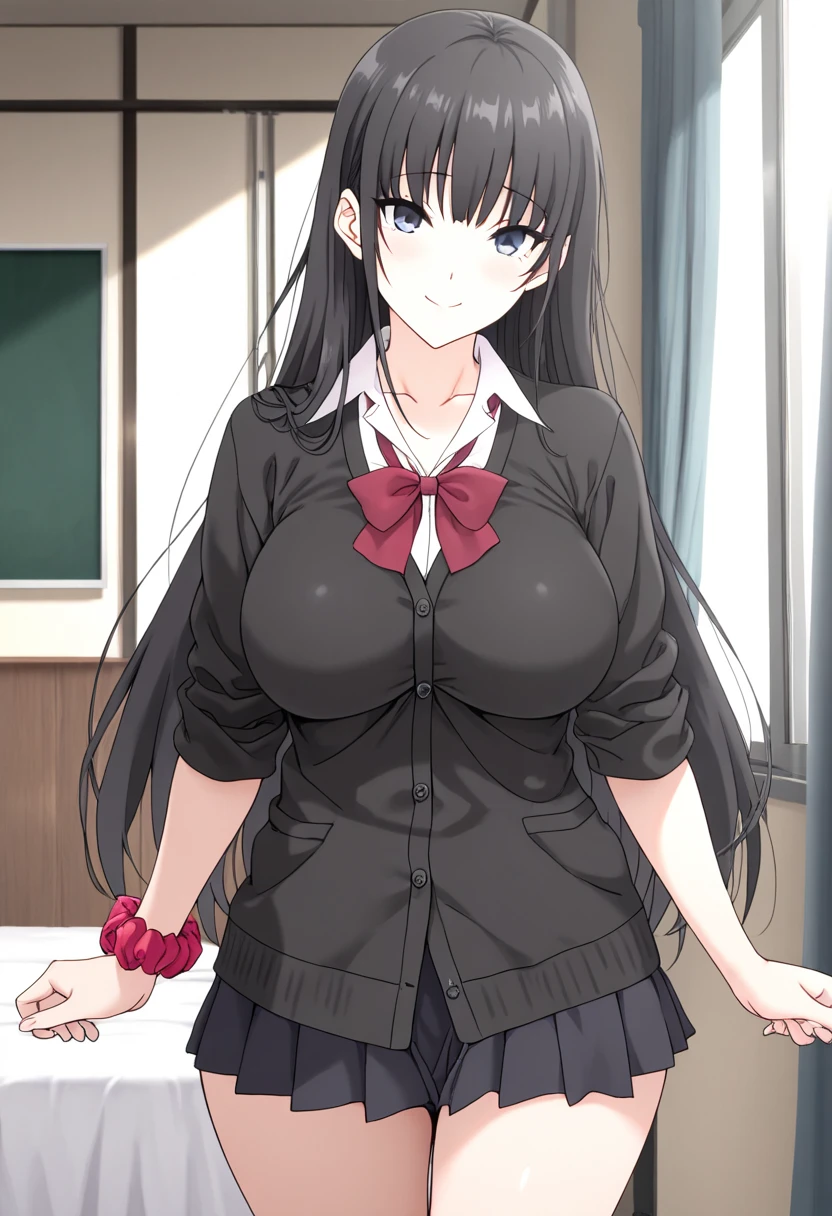 (((Large Breasts、Breast sagging、Low-cut,Cleavage ,Wide hips,)))((Long legs)),Hourglass figure))Short skirt,Pleated group,mini skirt