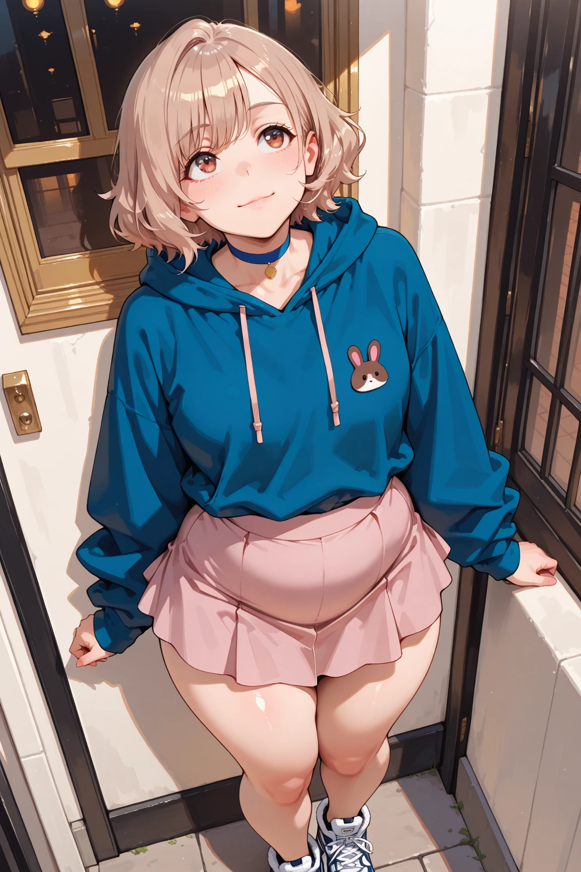 (Crossdresser),blonde low twintails,hoodie,Worried expression,Groin bulge