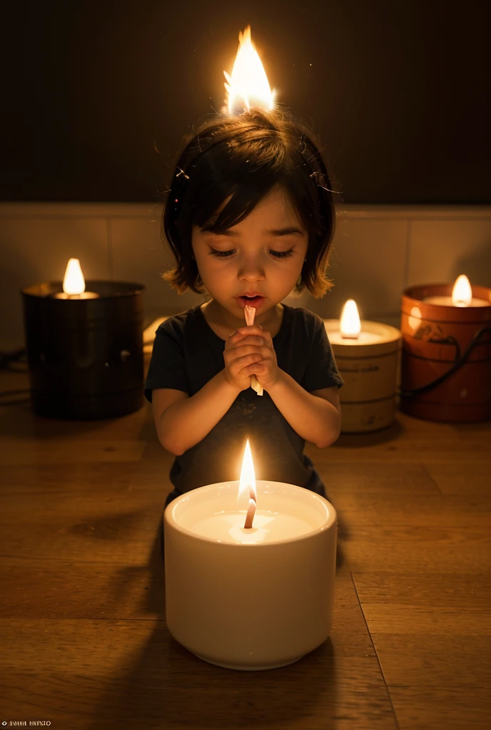 GIRL BLONDE CHILD IN BRAID, MUITAS VELAS ACESSAS , fundo vermelho.