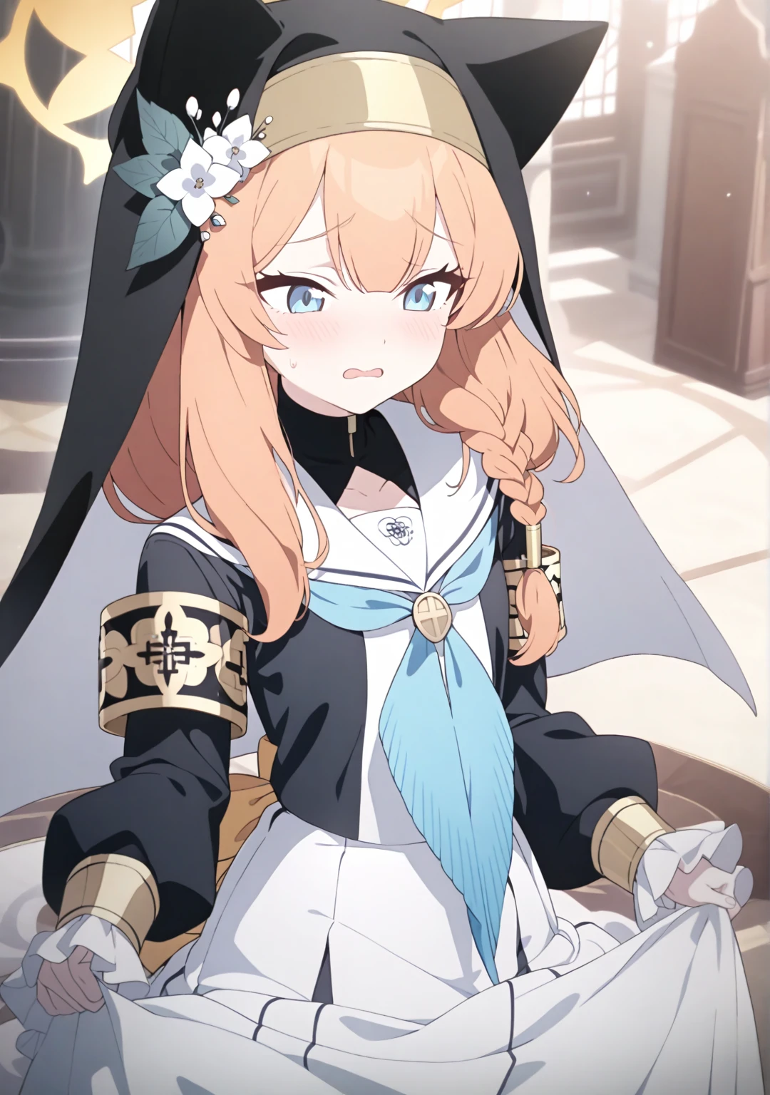 pixel,pixel art,pixelart,xiangsu,xiangsu, mejor calidad, obra maestra de arriba hacia abajo, Creador de RPG, Fancy, dynamic, (realista,desde arriba, colores tenues, super detallado , high resolution :1.3), Blindfolded girl, orange hair, big bust, big hips, dystopian clothing. Sprite sheet., 32x32px tile, high resolution, 32x32px, highest resolution,