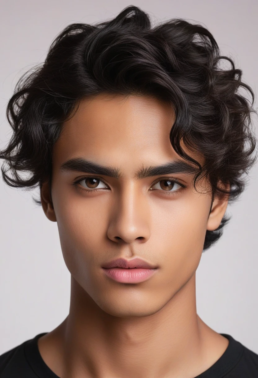 20 year old man, dark skinned , hair with brown curls that reach the middle of the neck, slightly almond brown eye, with sharp, thin nose and sharp jaw, thin and pink lips, his body is just a little muscular, with marked collarbones. Very manly facial features