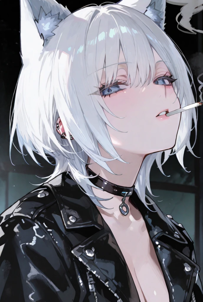 white hair,wolf cut hair、blue eyes、Black Leather Jacket、Wear a choker around your neck、piercing、 smoke