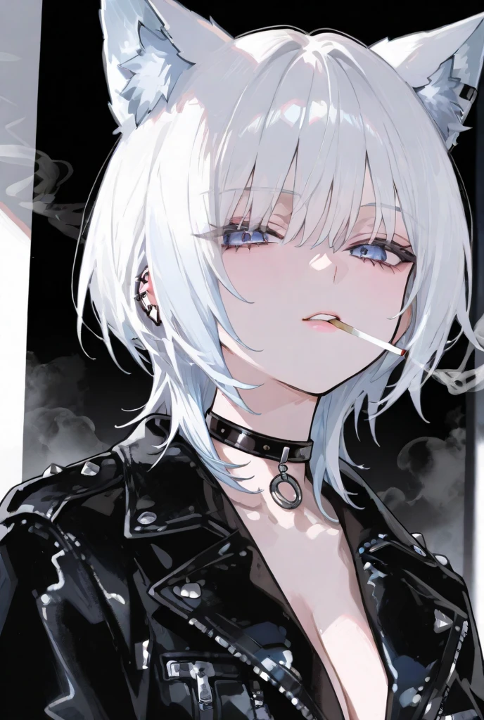 white hair,wolf cut hair、blue eyes、Black Leather Jacket、Wear a choker around your neck、piercing、 smoke