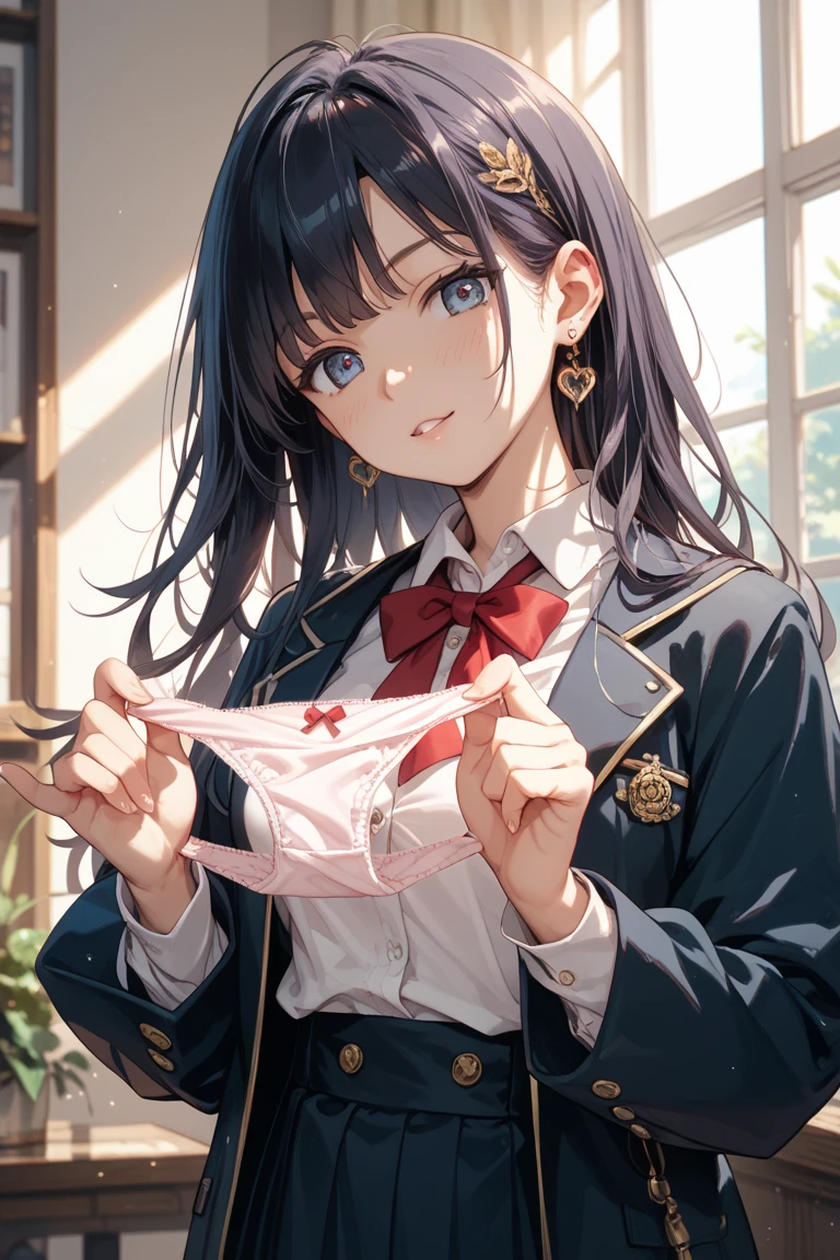 (masterpiece, 4K resolution, Ultra-realistic, Very detailed), girl、、12 years old、blazer、Sit on a chair、classroom、smile、Black Hair、Side Ponytail、Brown eyes,holding panties,presenting panties,Perfect Fingers、tie,white panties