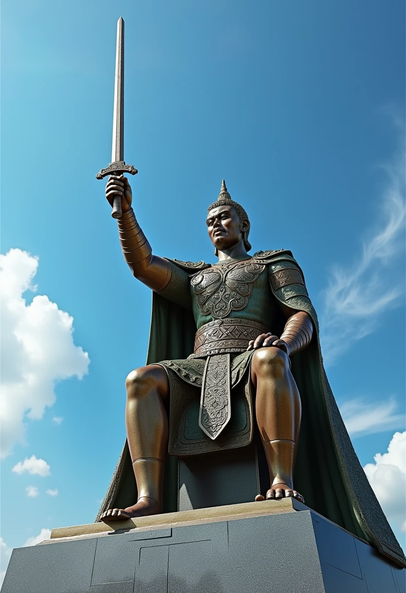 (medium full shot) of (exquisite obsidian statue) , , with ornate breastplate, sword, located in a majestic garden, featuring grand fountains, manicured hedges, ornamental statues, peaceful ponds, stylish seating, at dawn, ,Masterpiece,best quality, photo, realistic, very aesthetic