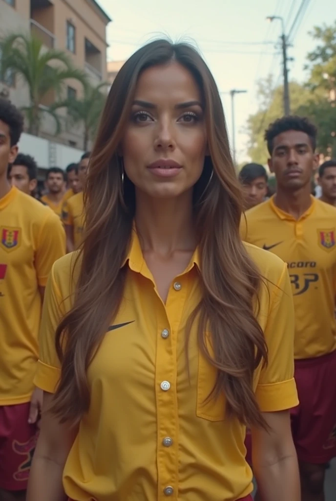 "Create an image of a beautiful, mature 48-year-old Brazilian woman. She has a warm smile and medium-length, wavy dark brown hair. Her skin is a rich, warm brown tone, and her eyes are expressive and kind. She is wearing a Corinthians football shirt, showing her support for the team. The background is a vibrant Brazilian setting, perhaps a lively street with colorful buildings or a stadium, capturing the essence of Brazilian culture and the woman's pride in her team."