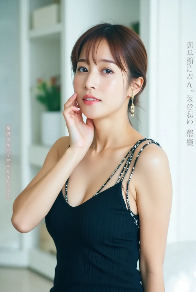 a beautiful mature 55-year-old japanese woman, mature woman, long eyelashes, red lipstick, pearl necklace, earrings, heavy eyeshadow, plunging neckline, swimsuit, swimming underwater, swimming in the ocean, high-quality, detailed, photorealistic, vivid colors, professional photography