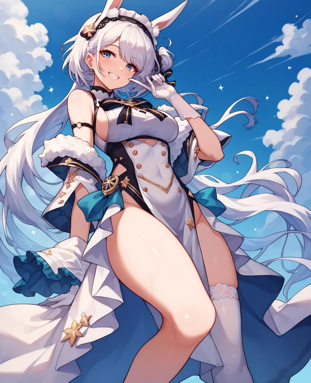 masterpiece,high quality:1.2,((Wolf Ears)),(young woman),cute,((whole body)),Alone,girl,(Long white hair:1.3),(Disheveled Hair:1.2),((cute)),(With scornful eyes:1.4),(Sky Eyes 1.3),(Face focus:1.3), (Super smile:1.3),(Gentle features:1.3),(Long white hair:1.3), My hair is messy,((Clear Eyes)),(Red eyes:1.3), (Perfectly detailed eyes:1.3),((Perfect hands)),Dynamic Angle,Dynamic Pose,((Shine of light)),((photo shoot)),(feminine:1.4),(beautiful:1.4),(Charm:1.3),(Light background)