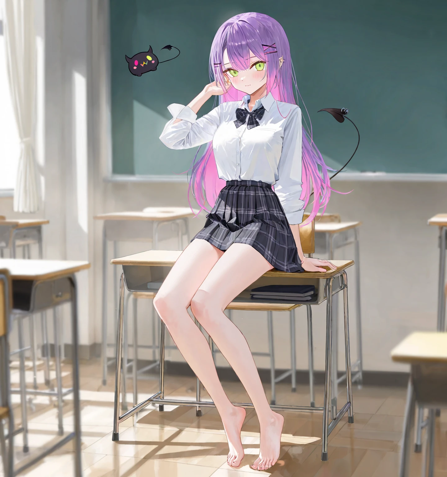 A girl, short black hair, dark eyes, wearing white shirt, green long pencil skirt feet-length, a pink backpack with a tiny plushie, sitting on the seat, in the classroom