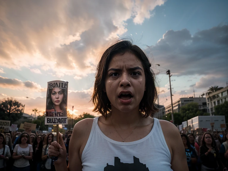 dark aesthetic photo, a sexy Iranian girl amidst a chaotic street protest in Tehran, The scene is filled with tension and unrest, as flames from fire flares illuminate the night sky in the background, stunning surreal photo of an intense scene. detailed expression on her face.