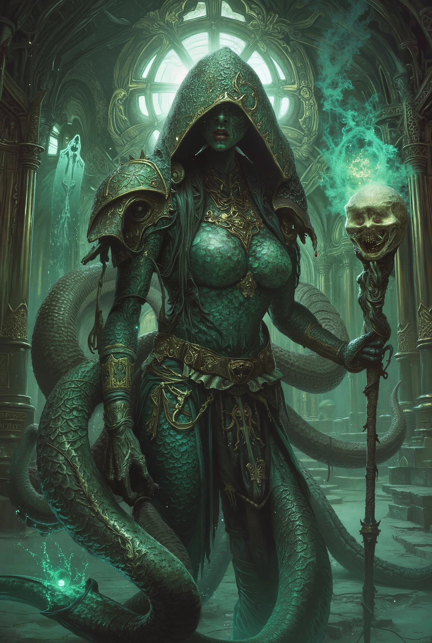 modelshoot style, (extremely detailed CG unity 8k wallpaper), full shot body photo of the most beautiful artwork in the world,,(Naga),python,(Medusa:1.2), sea-maid, , nature magic, medieval era, painting by Ed Blinkey, Studio Ghibli, by Jeremy Mann, Greg Manchess, Antonio Moro, trending on ArtStation, trending on CGSociety, Intricate, High Detail, Sharp focus, dramatic, painting art by midjourney and greg rutkowski, teal and gold, action pose, casting a spell, green swirling magic