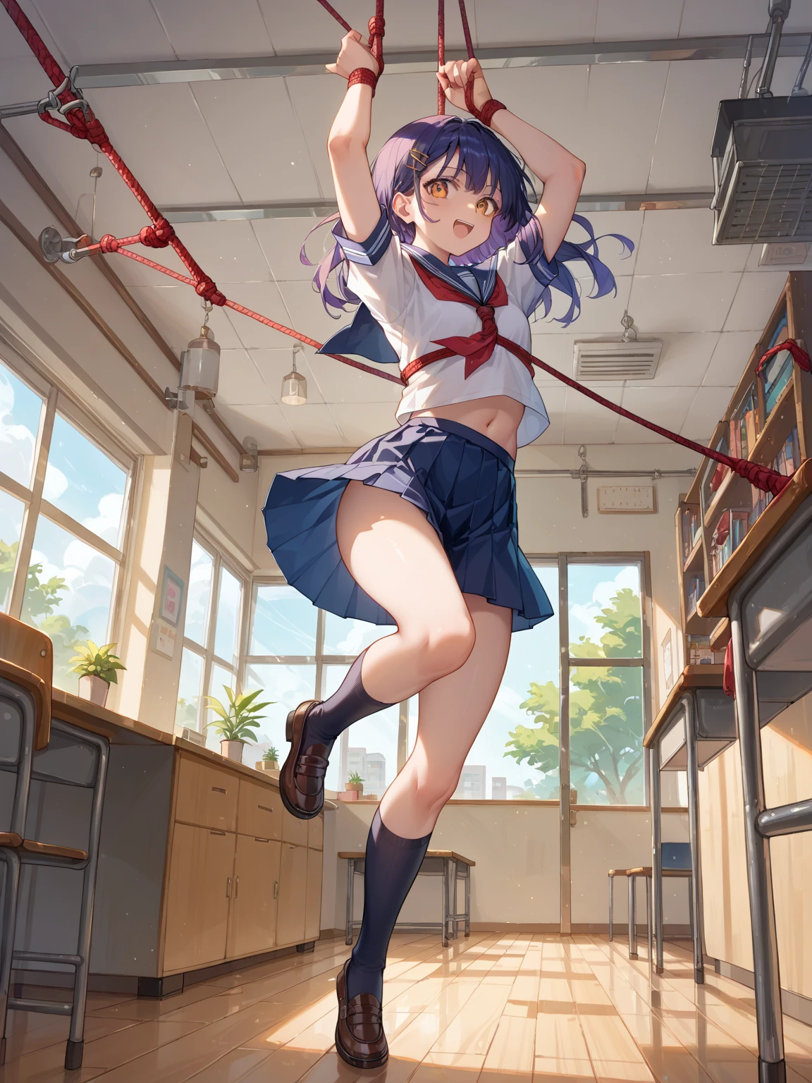 (Highly detailed CG Unity 8k), (Highest quality)，(Very detailed)，(Ultra-high resolution), 1 female, (white cloth gag:1.4), rope bondage, breasts rope bondage, hands back rope bondage, thigh rope bondage, bust rope bondage, feet rope bondage, Put your arms behind your hips, ankles rope bondage, (knee rope bondage:1.4), Black Hair, (Dark Blue Sailor  uniform:1.3), (Dark Blue Skirt:1.3), (Black Stockings:1.4), (black garter belt), Watery eye, (Skirt length to floor:1.3), (Brown Loafers:1.4), (Lots of drooling:1.3), (Urinary incontinence:1.3), (Hanging upside down from the ceiling with your ankles tied:1.3), (slender body:1.3), high school girl, classroom, Plunging a vibrator into the vagina, Stuff a white cloth in her mouth, 