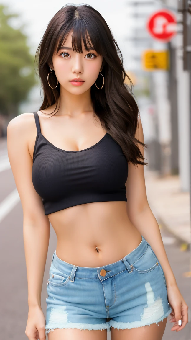 Black hair, make-up, Masterpiece, seductive casual attire, Hip-up angle, dynamic pose, close-up, natural lighting, confident expression, bokeh background, high resolution