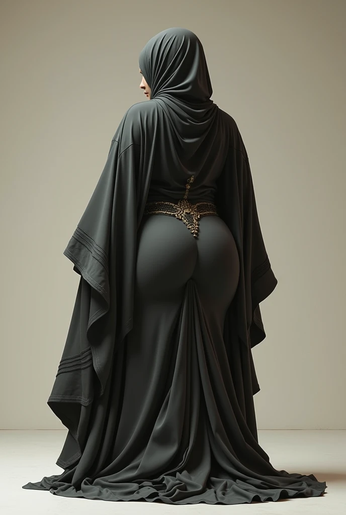 digital art, highly detailed, reference sheet in multiple angles, standing pose, feminine features, dark skin, pregnant, curvy, corpulent, portly, mature woman, adult female, whole body, bald, form-fitting, hijab, abaya dress, scarf, long sleeves, long skirt, shoes, 1woman, solo, upper body, lower body, ((Extremely Detailed)), ((Best Quality)), ((Masterpiece)), ((4k)).