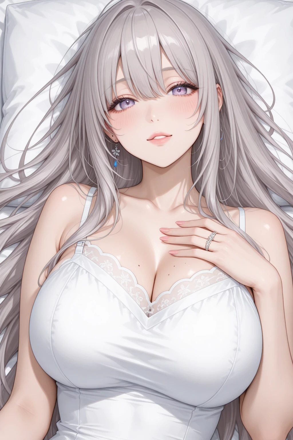 (masterpiece, best quality, beautiful and aesthetic:1.3), Elegant mature woman, 1woman, long silver hair, (small breast:1.0), red eyes with slit pupils, (wedding dress), black lingerie, (bottomless), looking at the viewer, small details, detailed face, in the dark, deep shadow, discreet key, Pure erotic face ace_V1, (lying on your back in bed), from above, bedroom, light smile