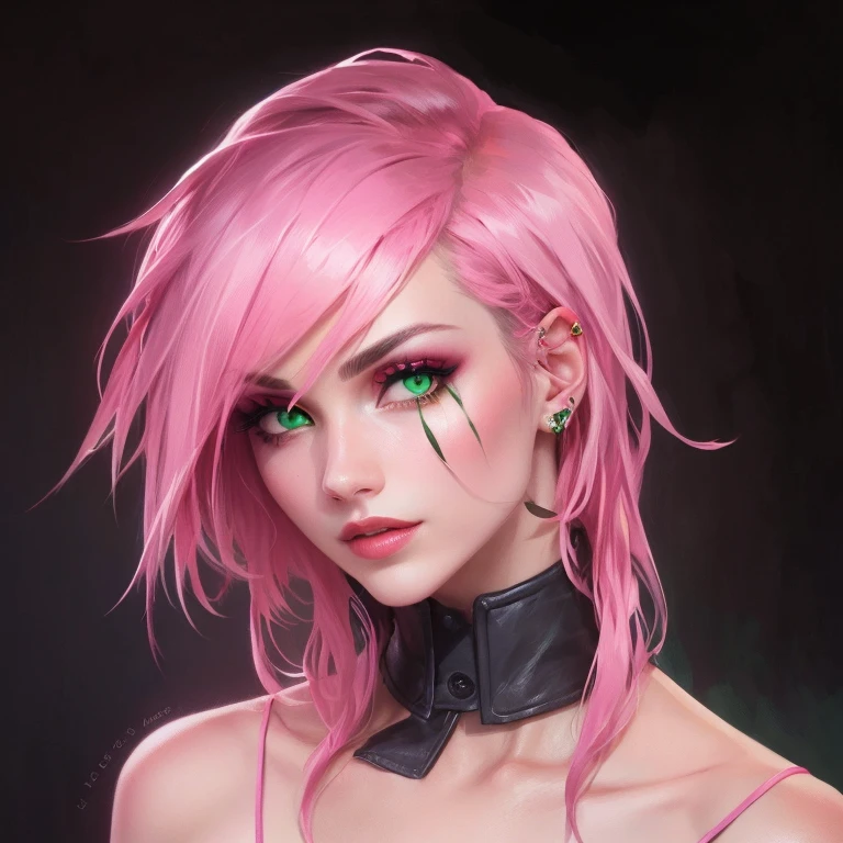 1/2 portrait of beautiful rock girl, punk, slim body, beautiful detailed glow, highres, high detail, smooth, aesthetic, extremely detailed, octane render, detailed facial features, sharp focus, rtx, ambient light, intricate city background, pink hair, expressive eyes