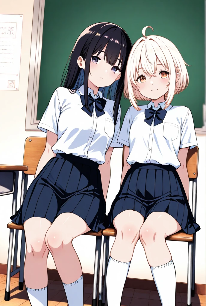 ((masterpiece))((Highest quality))Sitting in a chair、Blonde twin tails、(So that your whole body can be seen)、Directly in front、No background、(Put your feet on the ground)