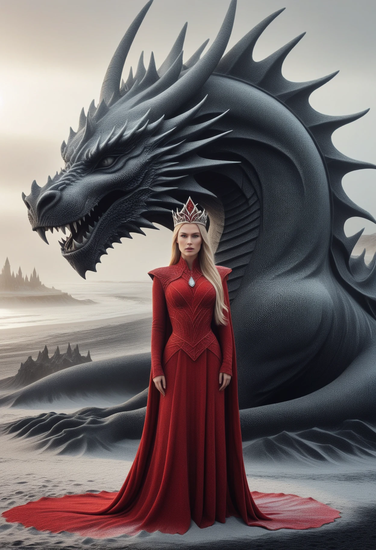 A stunning woman with long straight blonde hair. She is dressed in a red flowing garment and wears a crystal crown. She is towered over by a colossal menacing sand dragon positioned behind her. The dragon's mouth is open and reveals sharp teeth. The background is a muted foggy landscape, enhancing the mystical and dramatic atmosphere. The composition is vertical with the woman and dragon positioned centrally, creating a striking contrast between the human and mythical elements. ObsidianSand, lazypos, (perfect_face:1.1), (perfect_hands:1.1), side view