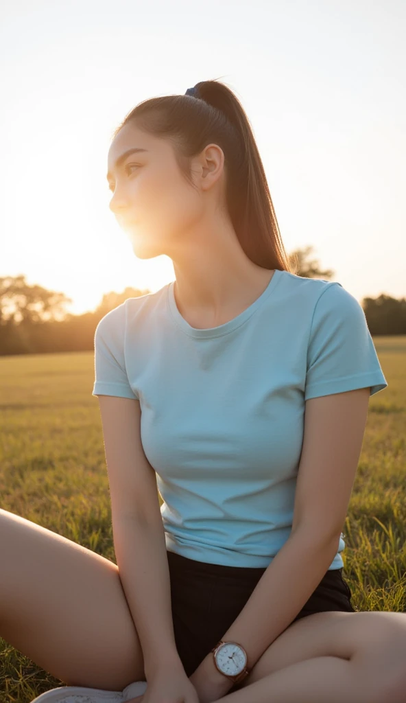 15 year old teenager in a short skirt with her hands on her head looking up