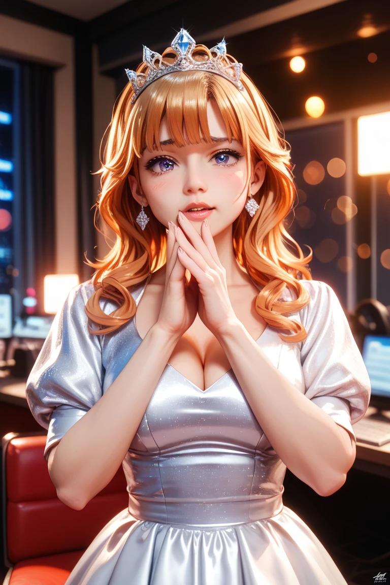 (masterpiece, Highest quality, Highest quality, Official Art, beautifully、aesthetic: 1.2), Dating with viewers, cinema, Dark Space, Sitting, Watch a romantic movie, 1 Girl, short hair, Yellow Eyes,Long sleeve, bangs, smile, Upper Body, open chest shirt, Cleavage, Attention to detail, Supreme detail, playful pattern, Vivid texture, Unique visual effects, From the side,