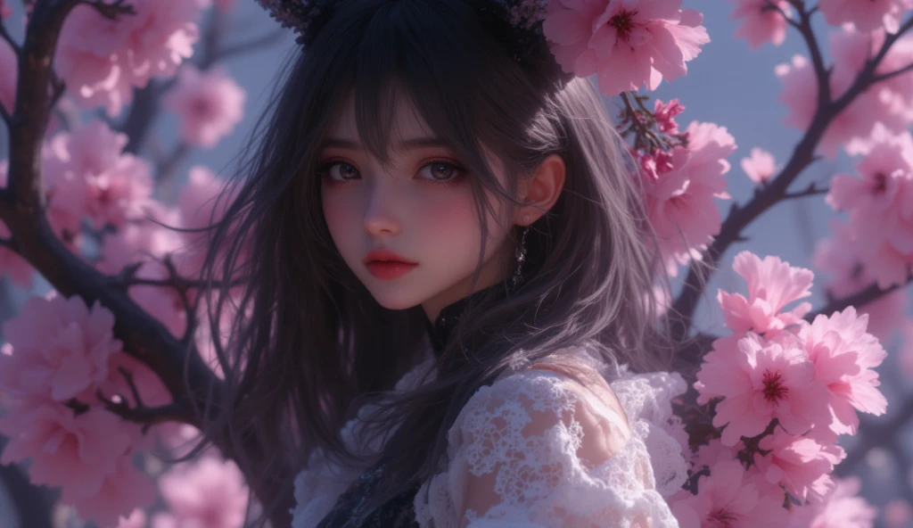 ((best qualtiy)), ((tmasterpiece)), (detail:1.4), Beautiful cyberpunk female images,hdr(HighDynamicRange),Ray traching,NVIDIA RTX,Hyper-Resolution,illusory 5,sub surface scattering,PBR textures,post-proces,Anisotropy Filtering,depth of fields,maximum definition and sharpness,Many-Layer Textures,Albedo e mapas Speculares,Surface coloring,Mitsu-Accurate simulation of material interactions,perfectly proportioned,rendering by octane,Two-colored light,largeaperture,Low ISO,White balance,Rule three points、8K raw data、Beautiful bright blue pupils,off-the-shoulder clothes,Fine pupils,Delicate face and eyes,long eyelasher,Blushlush,Delicate and fluffy hair,pink lip,Pure,Cute face,Sweet girl,Artistic sense,Casual wear,Advancedsense,butterflys,Cherry blossom petal,Beautiful hair accessories,Long hair and waist,Hair fluttering in the wind,Snow-white fox ears,curlies